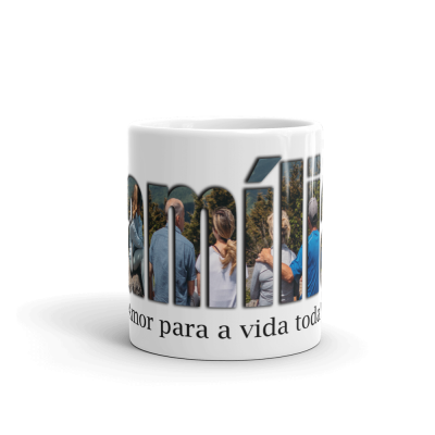 Caneca branca com texto e imagem integrada nas letras