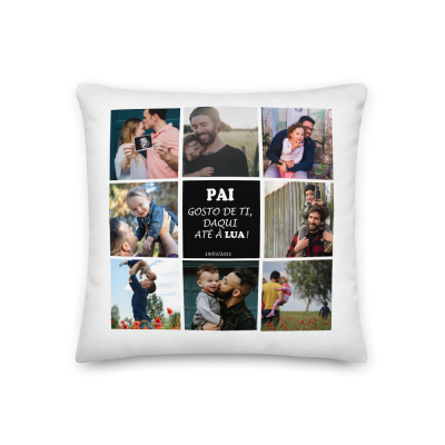 Almofada branca com fotos e texto dedicado ao pai.