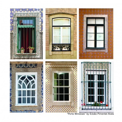 Seis janelas diferentes em paredes de azulejos coloridos com vários padrões e estilos de caixilhos