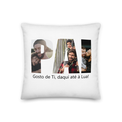 Almofada branca com design personalizado palavra PAI e frase em português
