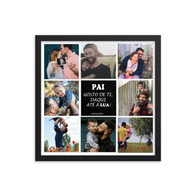 Moldura com montagem de fotos de pais e filhos e texto central dedicado ao pai.