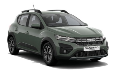 Carro SUV verde Dacia Sandero Stepway visto de frente e lado