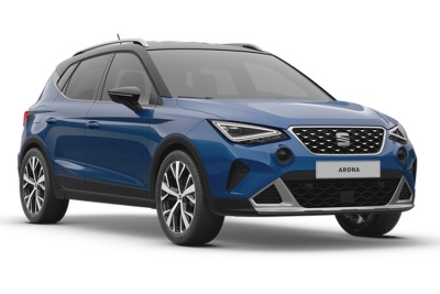 Carro SUV compacto azul com jantes prateadas, faróis modernos e placa ARONA