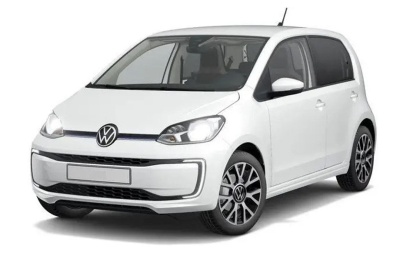 Carro branco Volkswagen compacto com quatro portas visto de frente