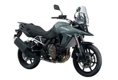 Motocicleta Suzuki cinza esverdeado com escudo transparente e estrutura robusta