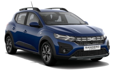 Carro azul Dacia Sandero Stepway com detalhes em preto e faróis LED