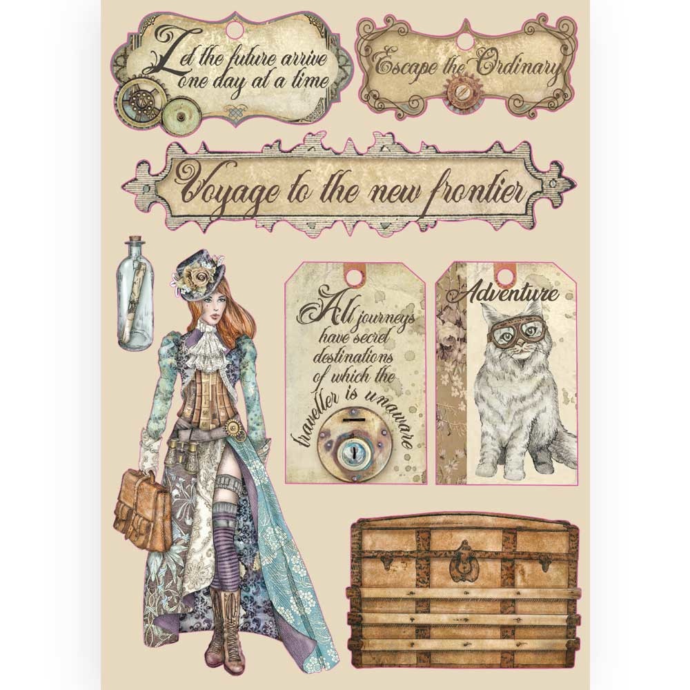 Etiquetas vintage com mulher steampunk, gato com óculos, baú antigo e textos em inglês.