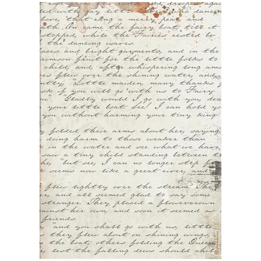 Papel decorativo envelhecido com texto manuscrito em tinta preta e manchas de tinta marrom
