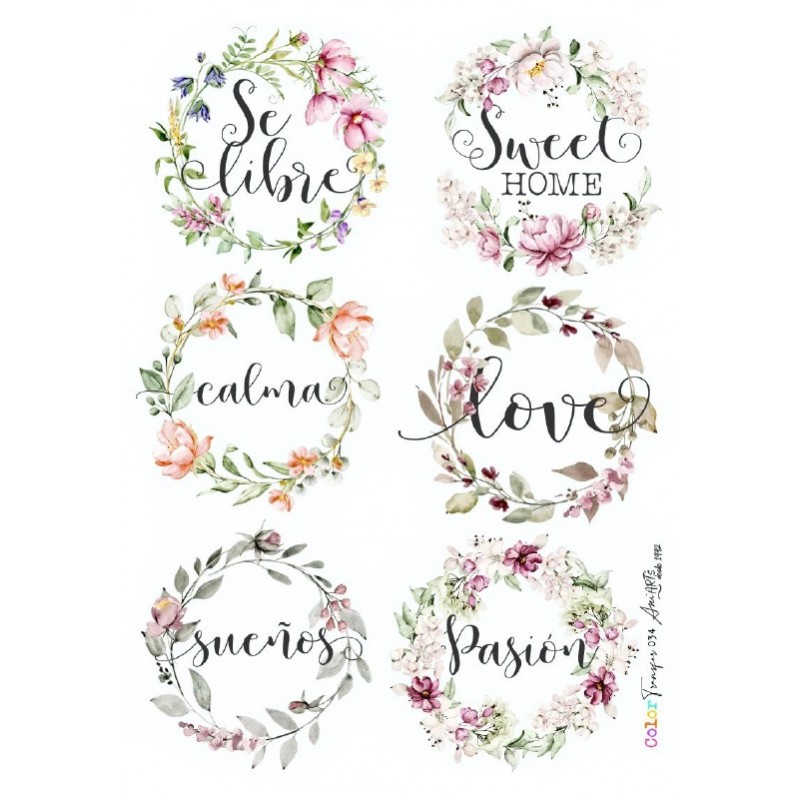 COLOR TRANSFER Ani Arts 20x30cm Ref. : CTE034 Seis círculos florais decorativos com texto em línguas diferentes sobre fundo branco