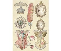 Elementos decorativos vintage com corpete, pena, coroa, broches e medalhões ovais.