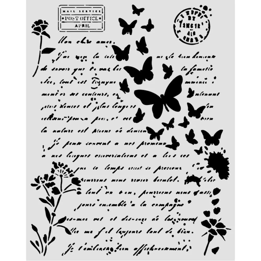 Stencil com texto cursivo, borboletas, flores e carimbos postais em preto