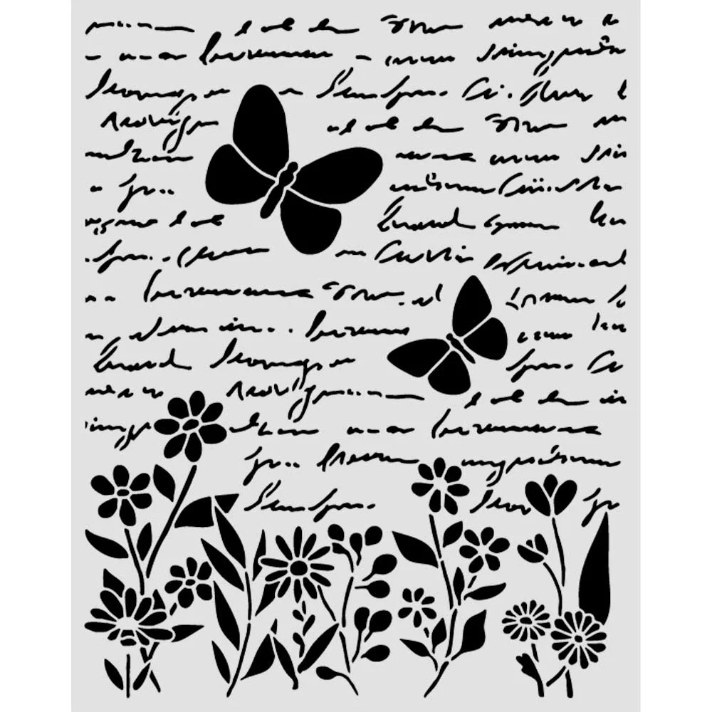 Stencil com padrão de texto manuscrito, borboletas e flores, em preto e branco
