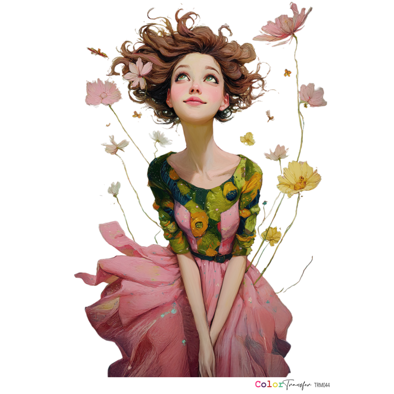 COLOR TRANSFER 27X21 cm TRM 044 Ilustração de mulher com vestido florido e flores ao redor