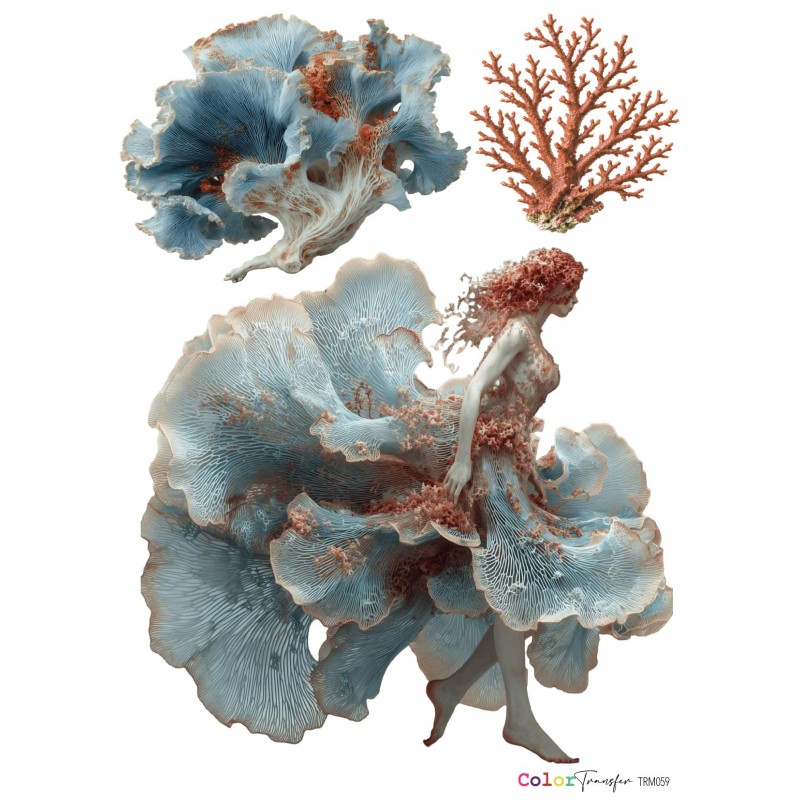 COLOR TRANSFER 27X21 cm TRM 059 Figura feminina com vestido e cabelos em formas de coral e fungos marinhos azul e laranja