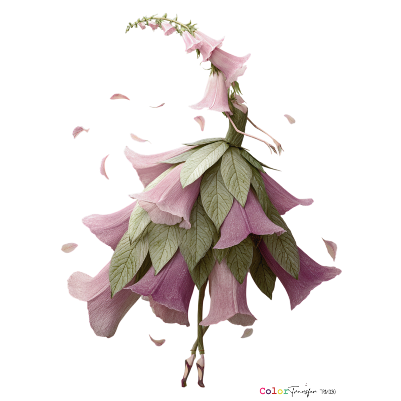 COLOR TRANSFER 27X21 cm TRM 030 Figurino artístico de vestido feito de flores e folhas cor-de-rosa e verde
