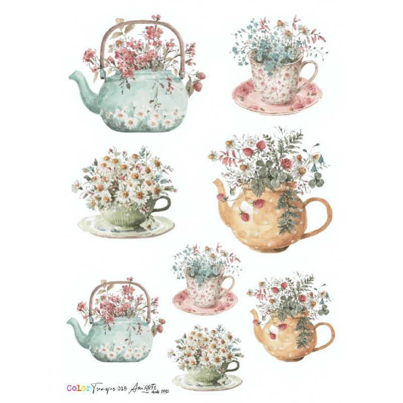 COLOR TRANSFER Ani Arts 20x30cm Ref.: CTE018 Ilustração de bules e chávenas decorados com flores e cores suaves