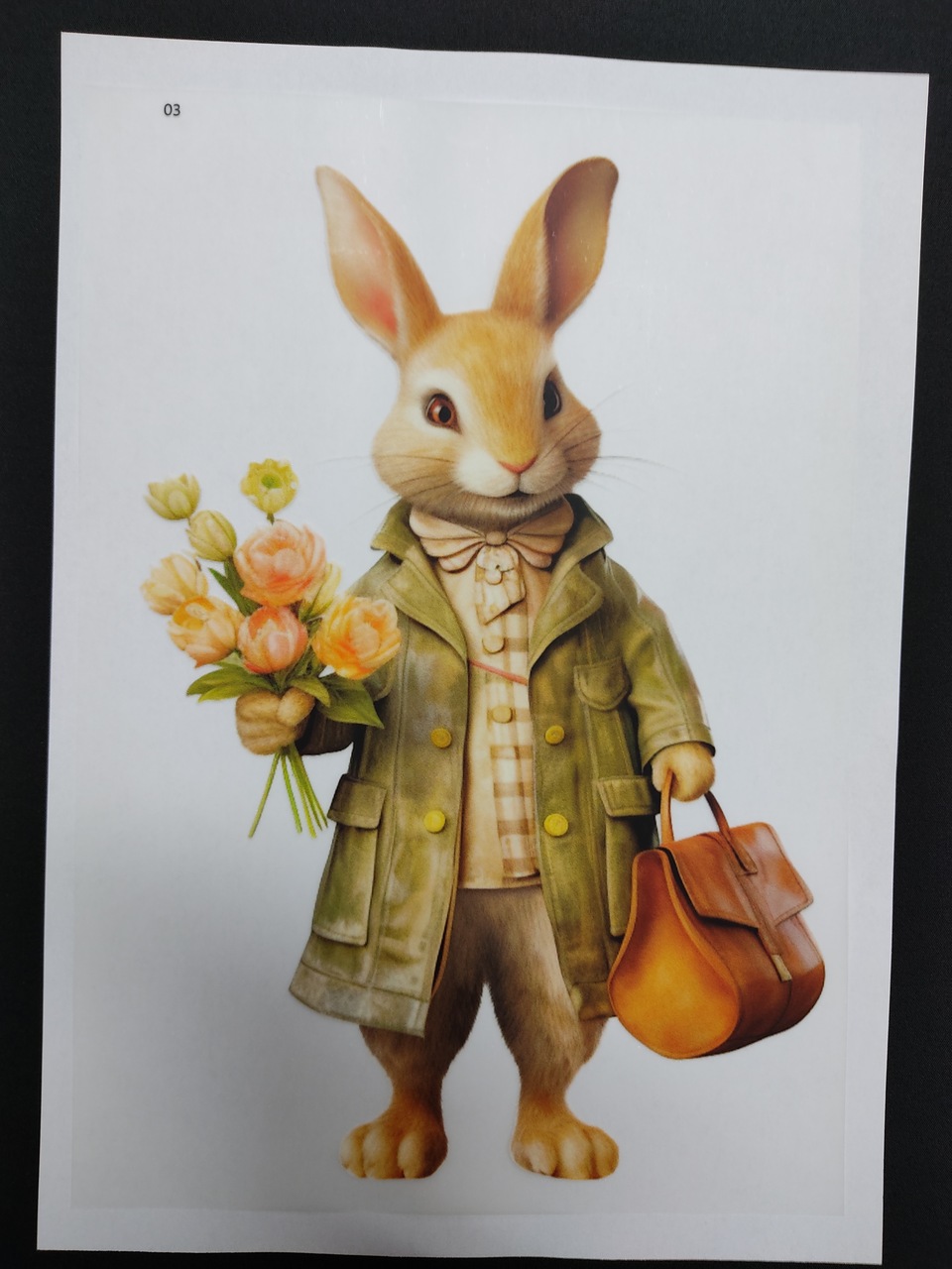 Transfere "Coelho com mala e flores" DTFR 03 Ilustração de coelho vestido com casaco verde e segurando flores e saco