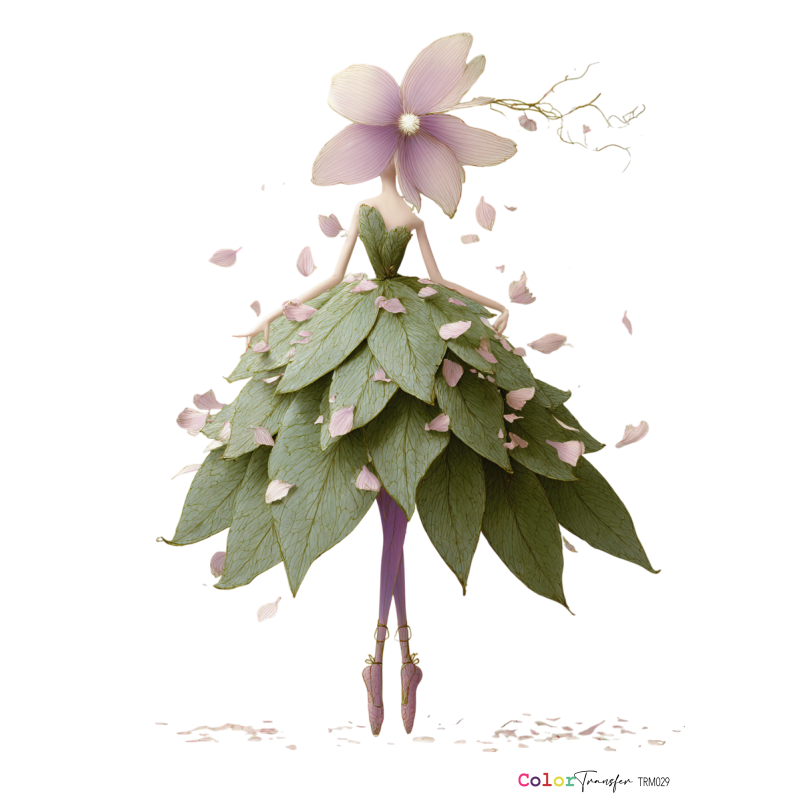 COLOR TRANSFER 27X21 cm TRM 029 Figurina bailarina com vestido de folhas verdes e flor rosa de cabeça