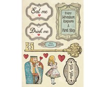 Etiquetas decorativas vintage com textos e figuras coloridas, incluindo rei e dama, frase e chave antiga.