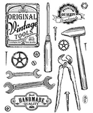 Ferramentas manuais vintage em preto e branco com textos decorativos