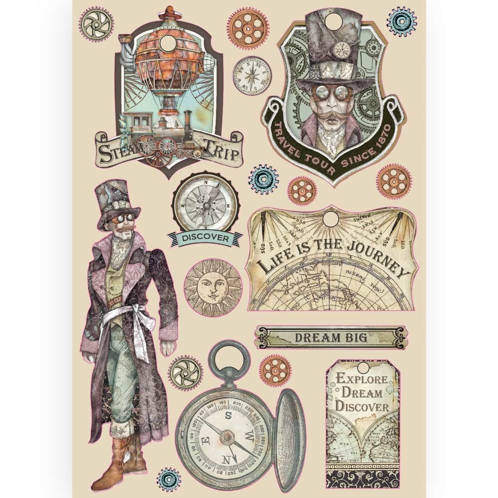 Ilustrações steampunk com comboio, figura masculina, engrenagens, mapa, bússola e textos inspiradores.