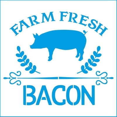 Logótipo azul com porco, palavras FARM FRESH e BACON e elementos decorativos