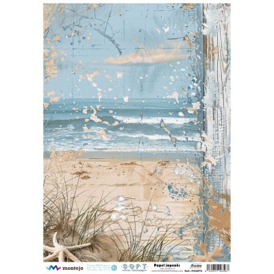 papel japonês decorativo com tema de praia e texto impresso