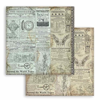 Papel decorativo vintage com mapas, textos e ilustrações antigas em tons sépia