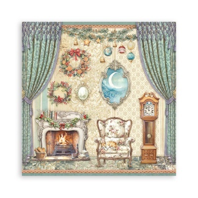 Quadro decorativo de sala vintage com lareira, cadeira, relógio e enfeites natalinos