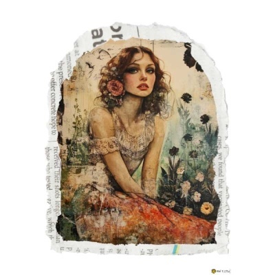 Ilustração de jovem mulher com vestido e flor no cabelo, em fundo floral e papel rasgado