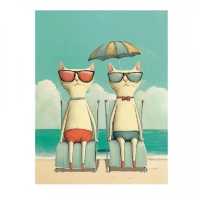 Ilustração de dois gatos com óculos de sol a descansar em cadeiras de praia com guarda-sol
