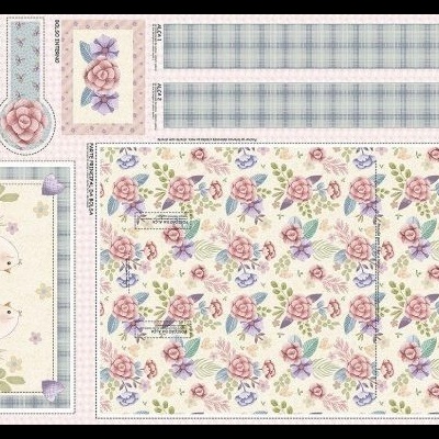 Papel de decoupage floral com passarinhos, xadrez azul e etiquetas texte