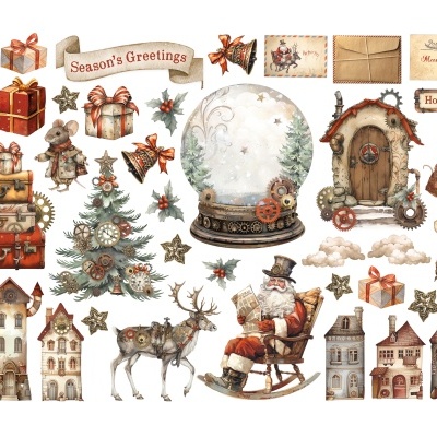 Elementos decorativos vintage de Natal com presentes, globo de neve, árvore, casas, bonecos e placas festivas
