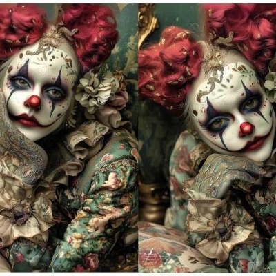 Pessoa com maquilhagem e traje de palhaço em posar dupla