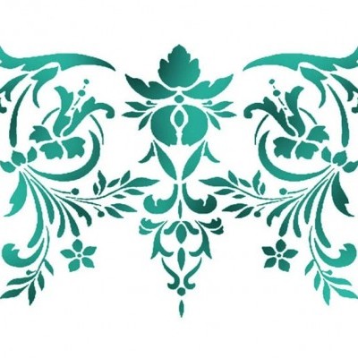 Stencil decorativo verde-azulado com padrão floral simétrico