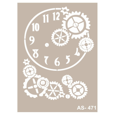 Stencil de relógio e engrenagens creme em fundo bege com código AS-471