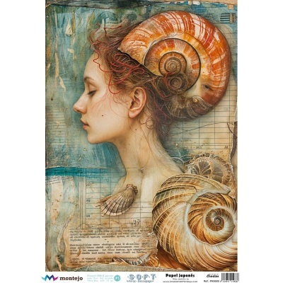 Mulher de perfil com caracol grande na cabeça e conchas, fundo gráfico em papel japonês