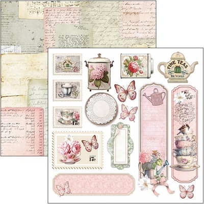 Folhas de papel decorativas para scrapbooking com flores, borboletas e etiquetas em estilo vintage