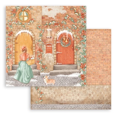 Papel decorativo com desenho de casa, mulher, cão, flores e neve