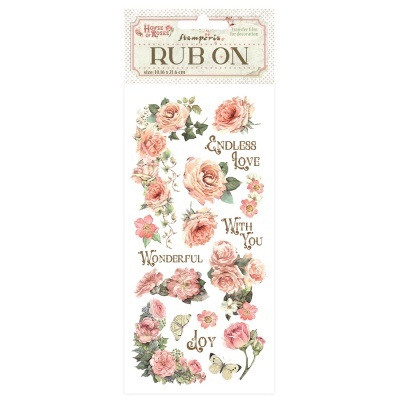 Folha de decalques com flores cor-de-rosa e textos em inglês para decorar