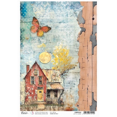 Painel decorativo com casa vermelha, borboleta, árvore amarela, céu azul com padrões e textura de tinta descascada