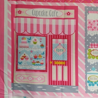 Ilustração de fachada de pastelaria Cupcake Cafe com cupcakes e porta com placa OPEN