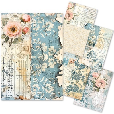 Papéis decorativos com padrão floral vintage azul e rosa