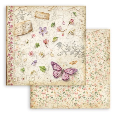 Papel decorativo vintage com flores, borboleta e texto