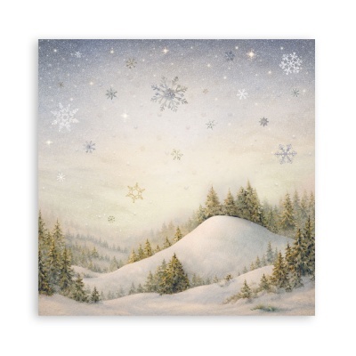 Paisagem de inverno com colinas de neve, árvores e flocos de neve ao cair da neve