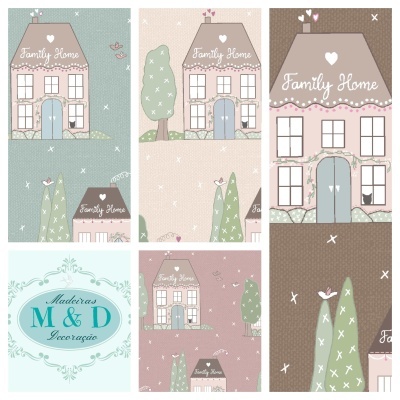 Ilustração de casa com texto Family Home e logotipo Madeiras M & D Decoração