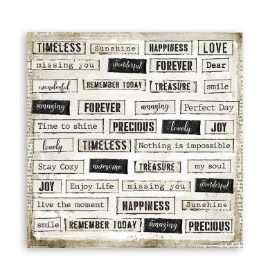 Placa decorativa com várias palavras e frases em inglês em estilo vintage