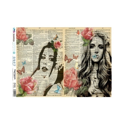 Arte em papel com fundo de dicionário, rostos femininos, flores rosa e borboletas coloridas