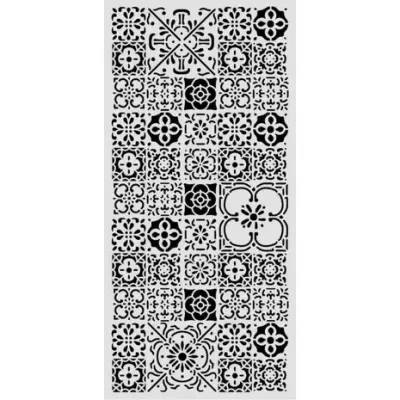 Azulejos decorativos pretos e brancos com padrão floral e geométrico