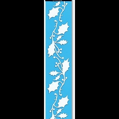 Stencil azul com padrão de folhas e ramos recortados em embalagem preta e azul